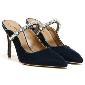 Sam Edelman Hyland Pointed Toe crystal/pearl embellished blue suede mules NEW